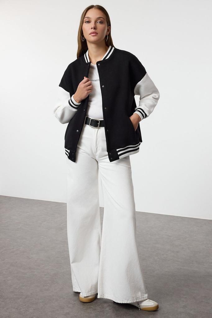 Women's Fashionable Stylish Sweatshirt Black Oversize Wide Fit Knitwear Tape Detailed Thick Knitted Sweatshirt