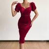 Belt Waist Tight Hip Wrap Skinny Elegant Dress Square Collar Puff Short Sleeve Bodycon Gown Dress Female Clothing