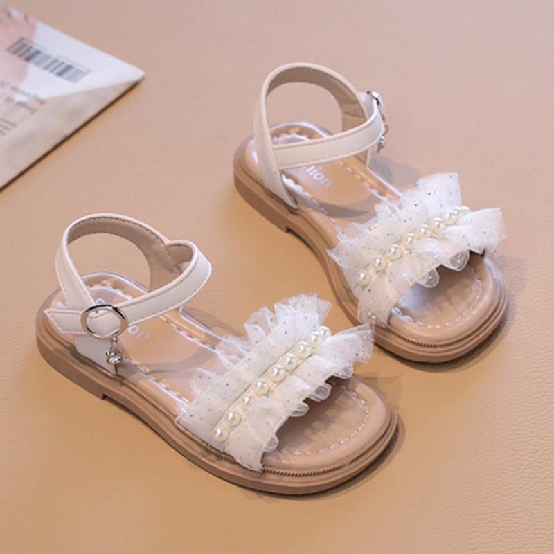 Little Girl Sandal Lace Pleated Children's Summer Sandals Elegant Pearl Causal Kids Princess Open-toe Dress Flat Sandals Soft