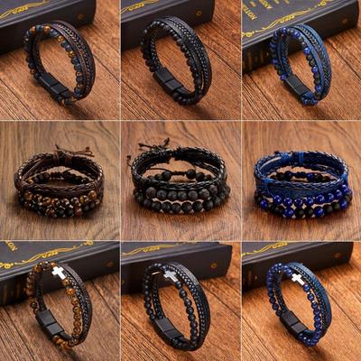 Retro Multi-Layer Hand-Woven Men's Leather Bracelet with Natural Stone Beads