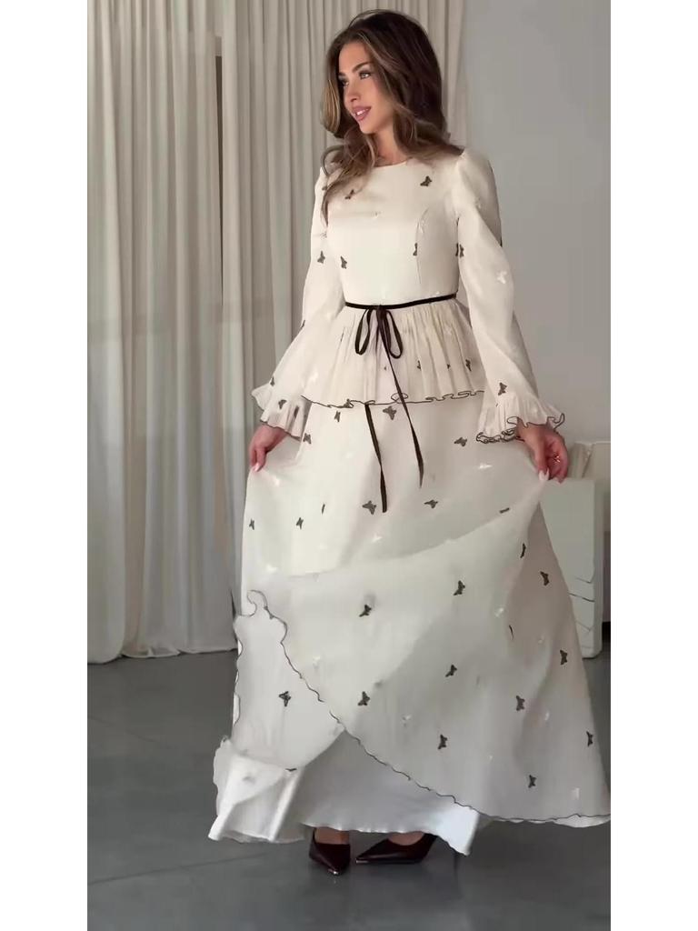 Elegant Women's European-American Summer Long Dress 2025: Waist-Cinching, Soft Feminine, Long Sleeve