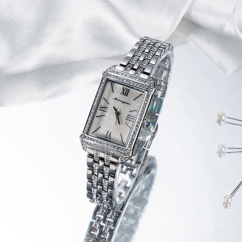 Diamantbesetzte quadratische Quarzuhr Damenmode Stahlarmband Schachbrettmuster Uhr Export