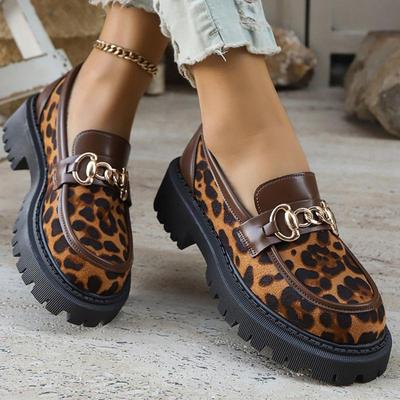 Women's Loafers Retro Suede Leopard Shoes for Women Metal Decoration Round Toe Women's Loafers Casual Chunky Platform Shoes Lady