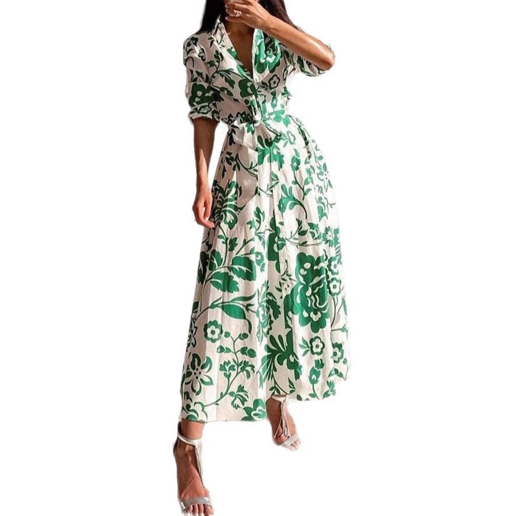 Herfst Nieuwe Dames Geprinte Taille-Gebonden Lange Mouwen Hemdjurk, Europese & Amerikaanse Stijl Casual Jurk Voor Dames, Vrijetijds Buitenlandse Handel Kleding