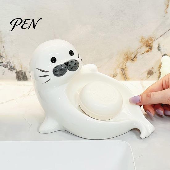 Cute Seal Soap Holder Ceramic Dish, with Self-Draining Design, Sponge Durable Organizer Tray, for Bathroom Countertop And Kitchen Sink Dish