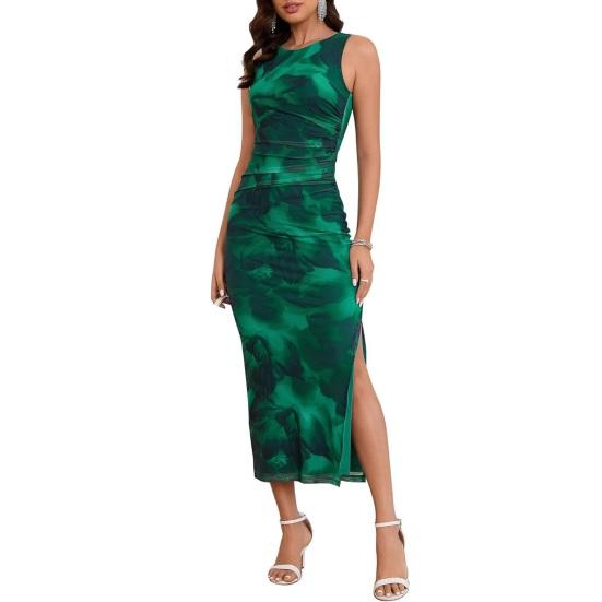 Dámské Bodycon Maxi Šaty Letní Bez Rukávů Řasené Vysoký Rozparek Tank Šaty Květinová Síťovina Plážová Dovolená Večerní Šaty