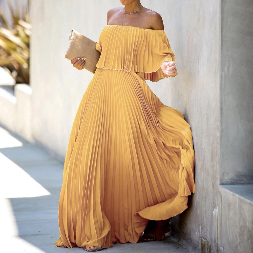 Women's Fashion Casual Solid One Line Collar Sexy Off Shoulder Chiffon Dress