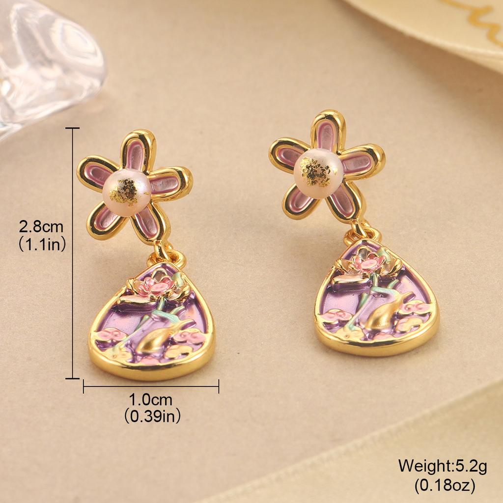 Flower Pearl Stud Earrings Enamel Oil Dripping Flower Mini Love Mori Design Sense Light Luxury Earrings Women