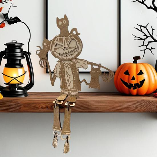 Articulated Pumpkin Man Halloween Decoration Spooky Wooden Pumpkin Skeleton Tabletop Ornament for DIY Home Office Decor
