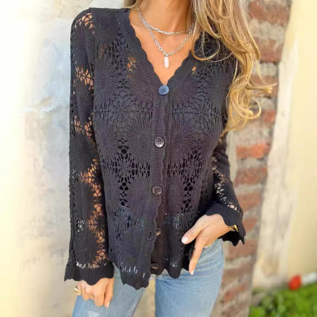 Women s V Neck Long Sleeve Crochet Cardigan Loose Fit Elegant Commuter Lace Hollow Out Knit Top S