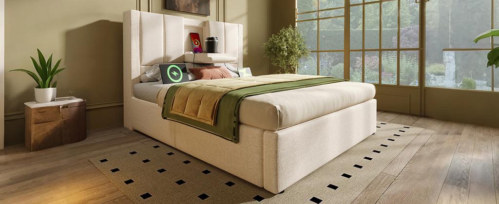 Upholstered Bed 90x200 cm Single with Hidden Cup Holder & Charging Station, Hydraulic with Storage Under the Bed, Linen Beige (Without Mattress)