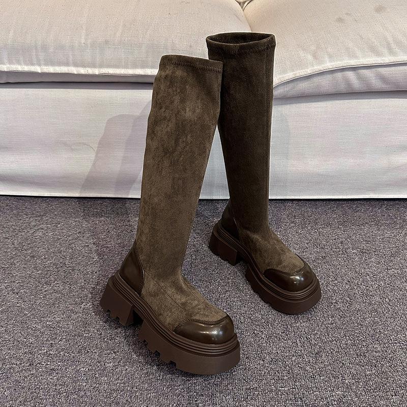 

Женские рыцарские сапоги на толстой подошве, новые модели 2025 года, ранняя осень, но высокие сапоги до колена, тонкие эластичные тонкие сапоги, длинные сапоги 40 светло-коричневого