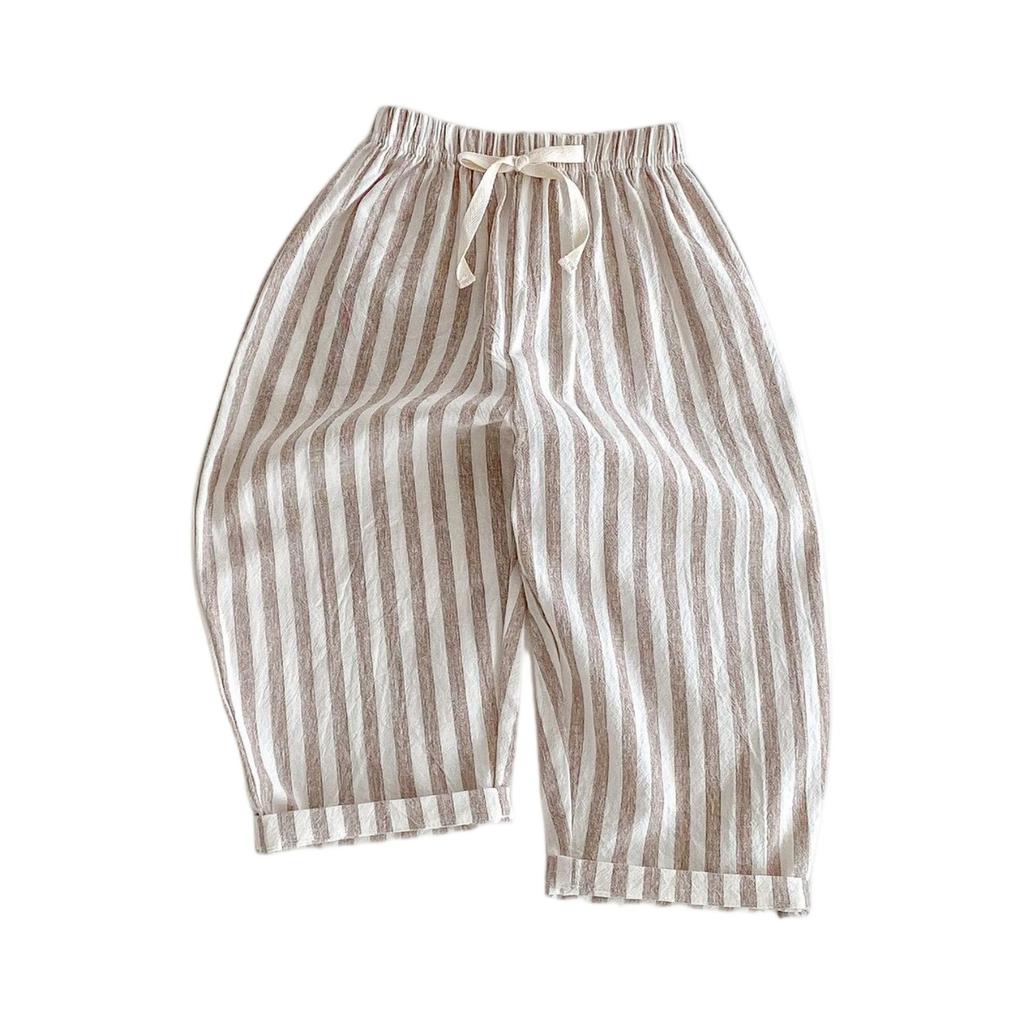 Kids' Striped Drawstring Pants - Linen Cotton Loose Fit Trousers