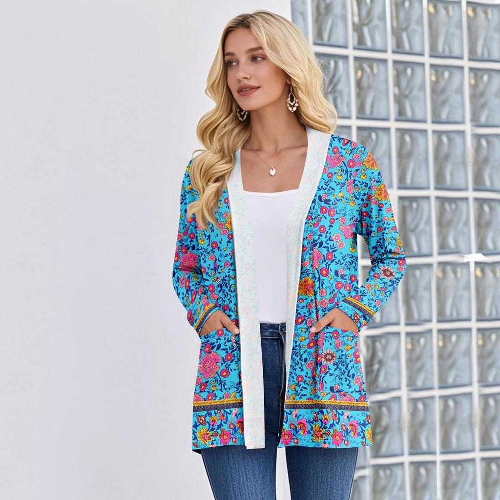 Damen Langarm Strickjacke V-Ausschnitt Mode Bedrucktes Hemd Leicht Lässig Locker Dünne Strickjacken Mit Taschen