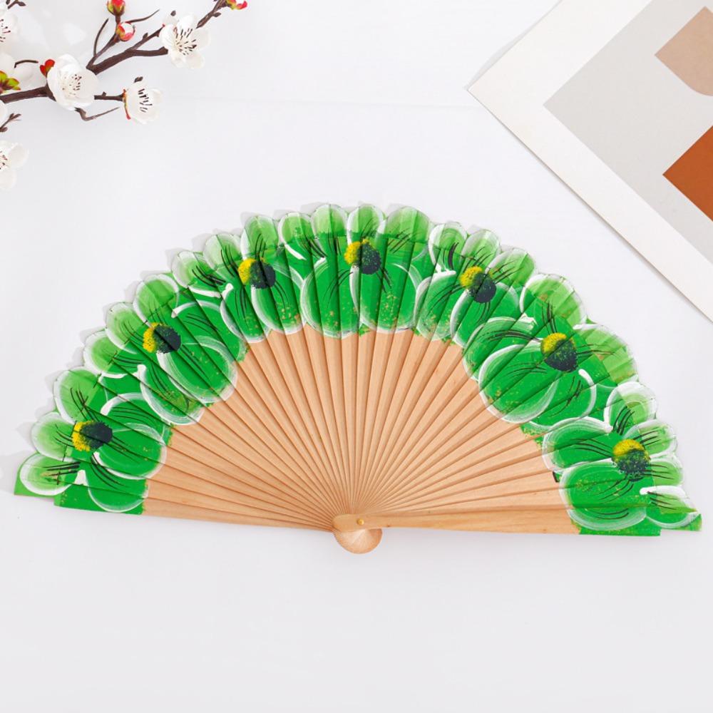 

Handmade Cheongsam Dance Fan Wooden Handheld Fan Creative Ancient Flower Fan Women Use зелёный