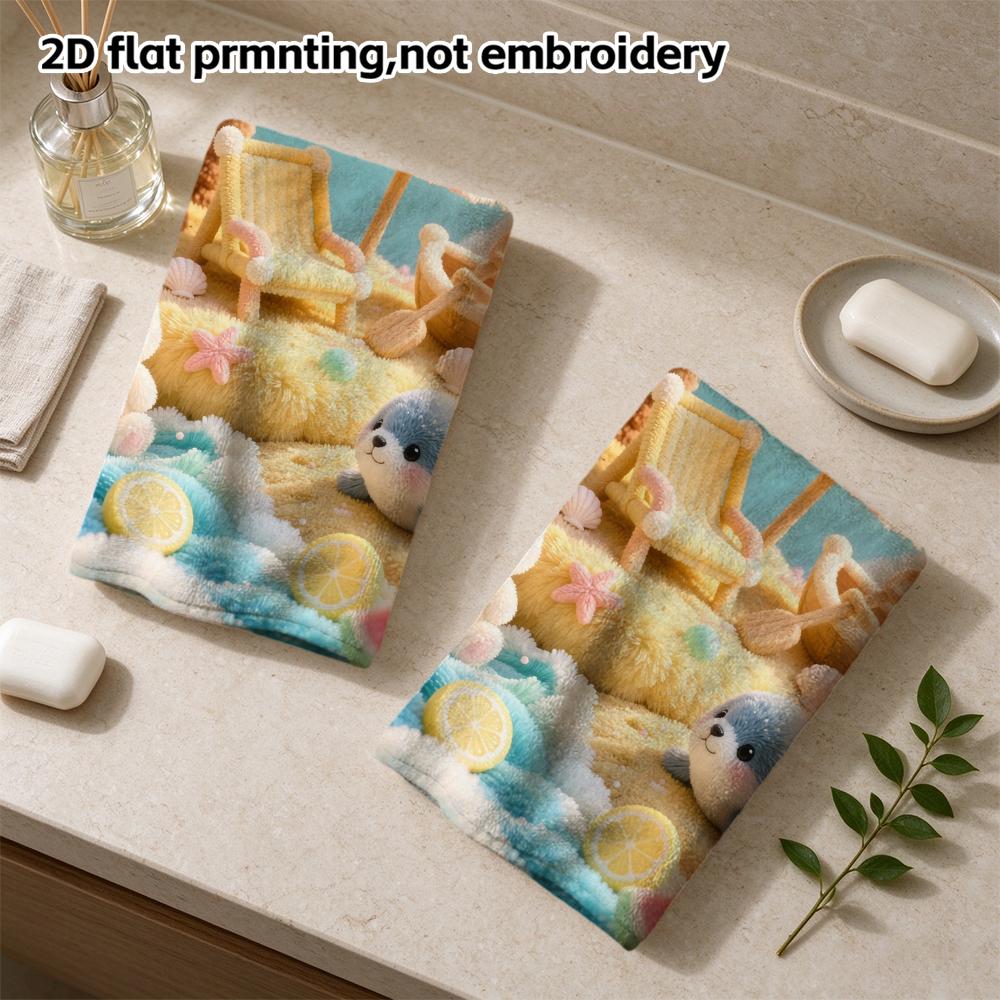 Pastel Beach Bunny Seal Print Towel, Quick Dry Absorbent Bath Towel, Cute Summer Island Animal Hand Towel
