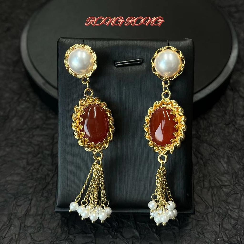 Vintage French Palace Style Red Agate Pearl Tassel Earrings Long Light Luxury Accessories