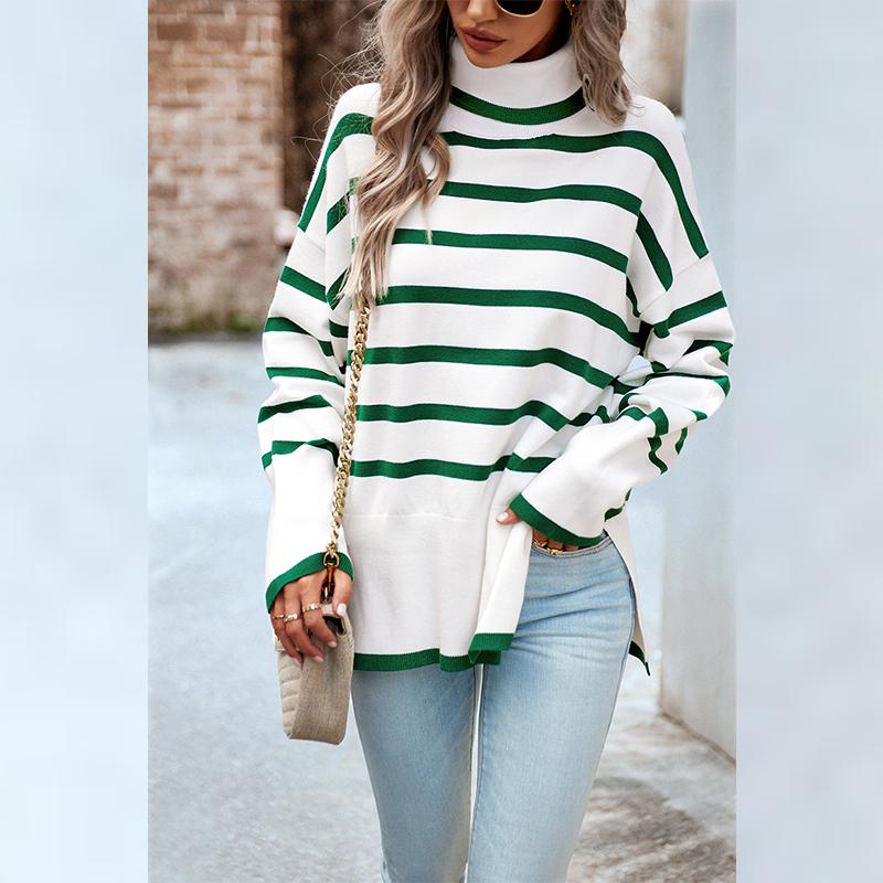 Maglione dolcevita a righe da donna elegante e ampio, pullover casual lavorato a maglia
