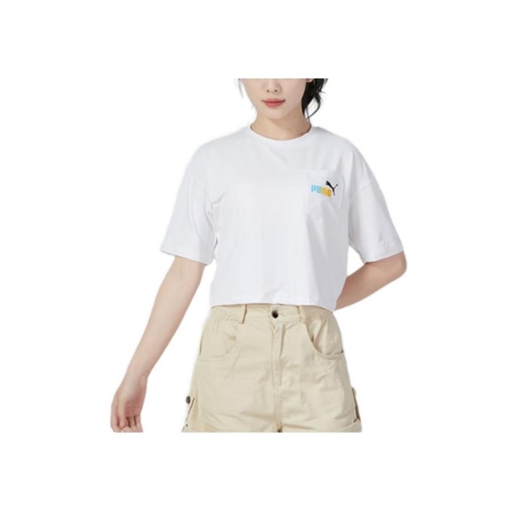 PUMA Back Logo Print Round Neck Short Sleeve T-Shirt Women Tops White 678010-02