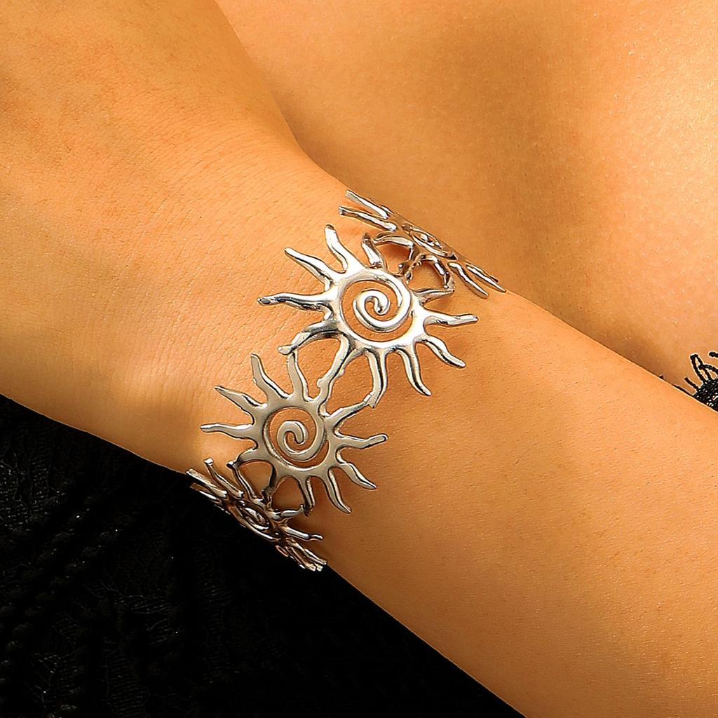 Bohemian Sun Cuff Bracelet for Women Open Statement Bangle with Spiral Sun Design