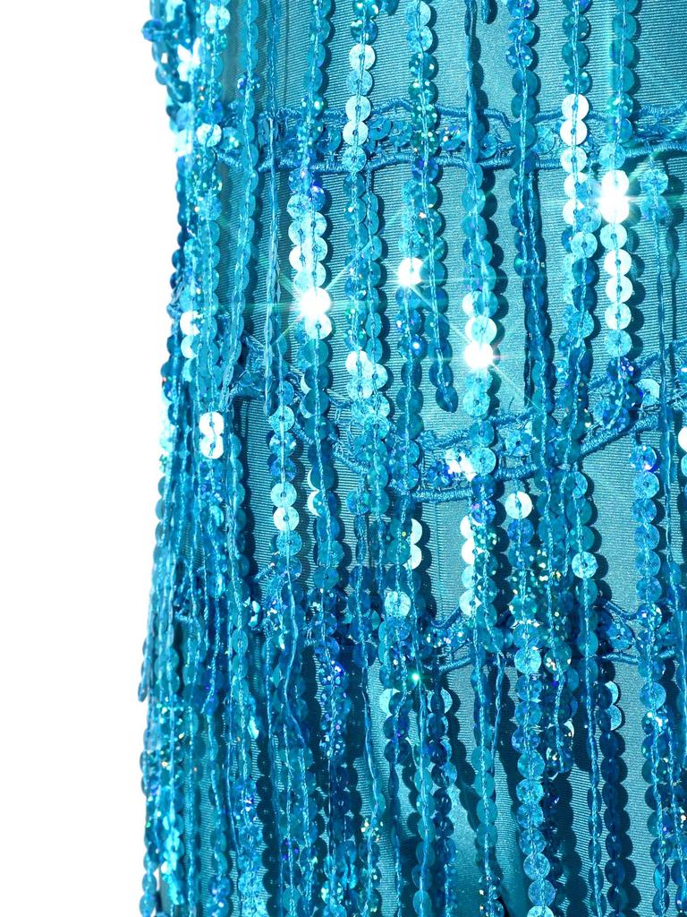 Girls Disco Latin Dance Jumpsuit Multi Layer Shiny Sequin Tassels Sleeveless Adjustable Straps Long Pants