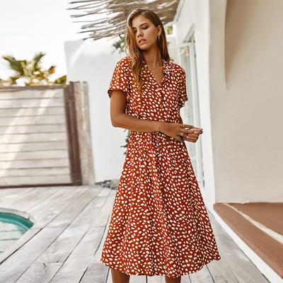 Dot Printed Skirt Round Neck DressWestern Style Spot Short Sleeve Skirt Casual Fashion Dress