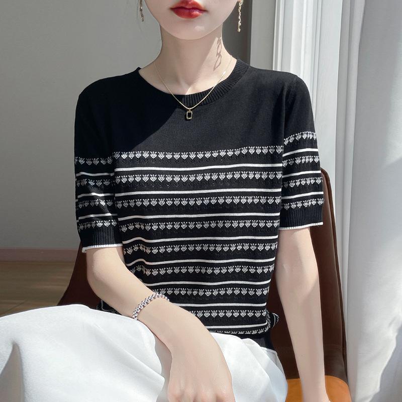 Diamond Hollow Striped Short-sleeved Round Neck Comfortable Fit Ice Silk Top Light Luxury Color-blocking T-shirt Knitted Sweater