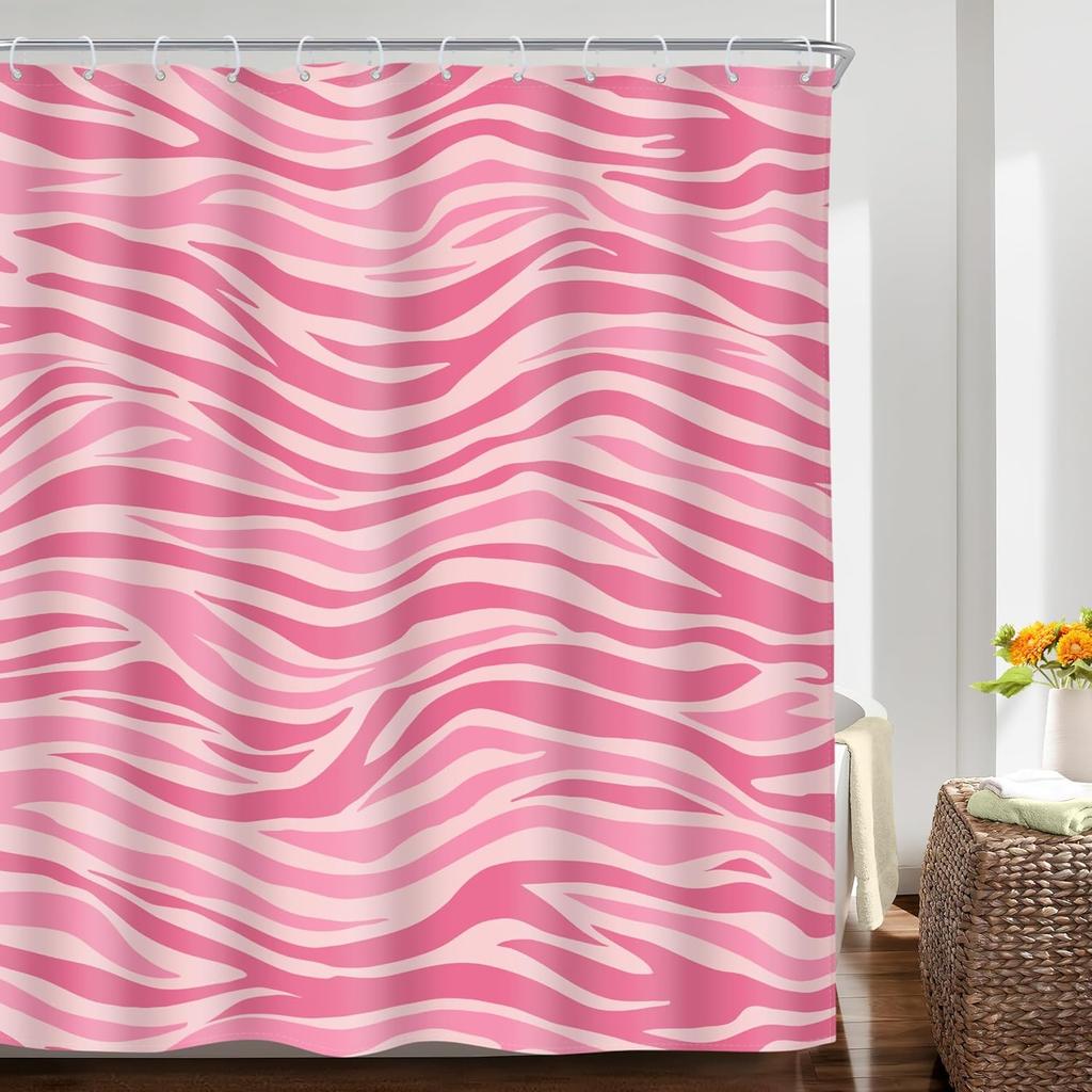 Pink Zebra Print Shower Curtain Retro Girly Animal Pattern Waterproof Polyester Bathroom Decor with 12 Hooks