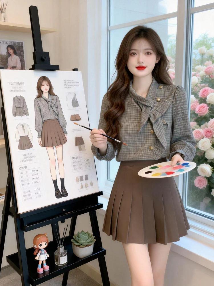 Korean Style Color Block Suit Set: 2026 Spring Women s Plaid Top & Pleated Skirt Two-Piece Collection Large