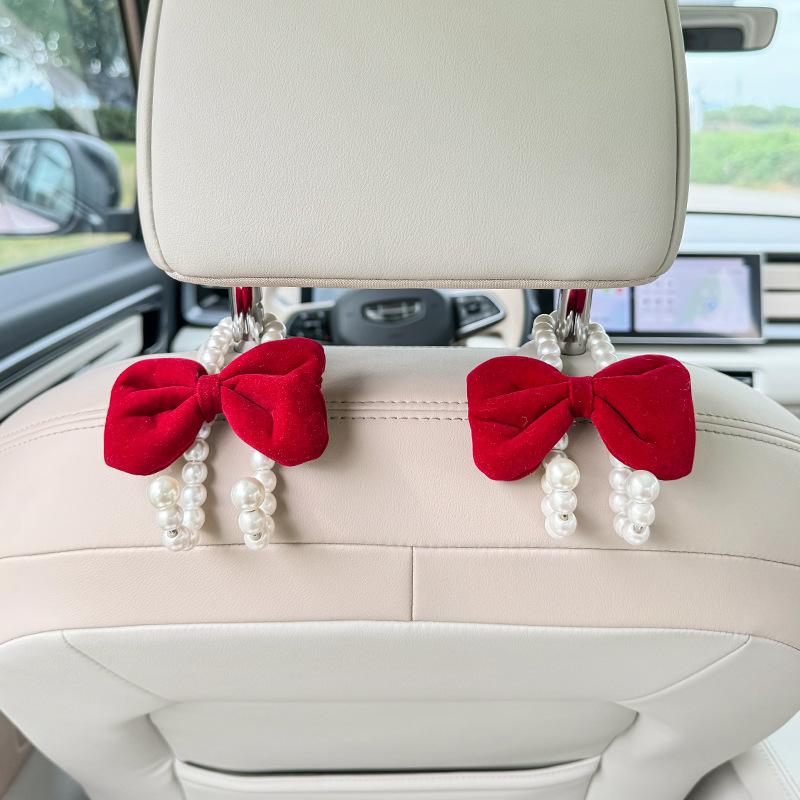 2pcs Car Rear Seat Hook White Pearl Cute Bow Hanger Hook Closed Design Auto Hook Stainless Steel Headrest Hooks Car Accessorie