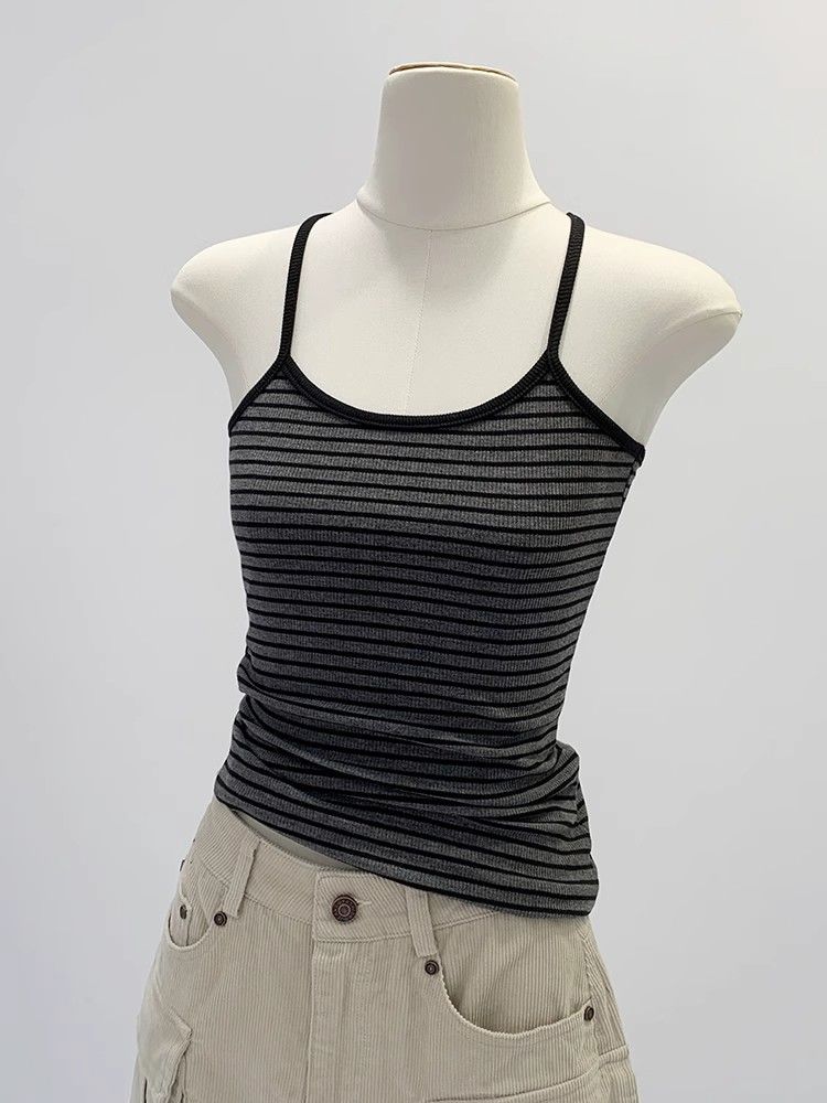 Y2k Striped Tank Top Women Backless Square Neck Crop Tops Going Out Sleeveless Spaghetti Strap Vest Vintage Camisole Streetwear
