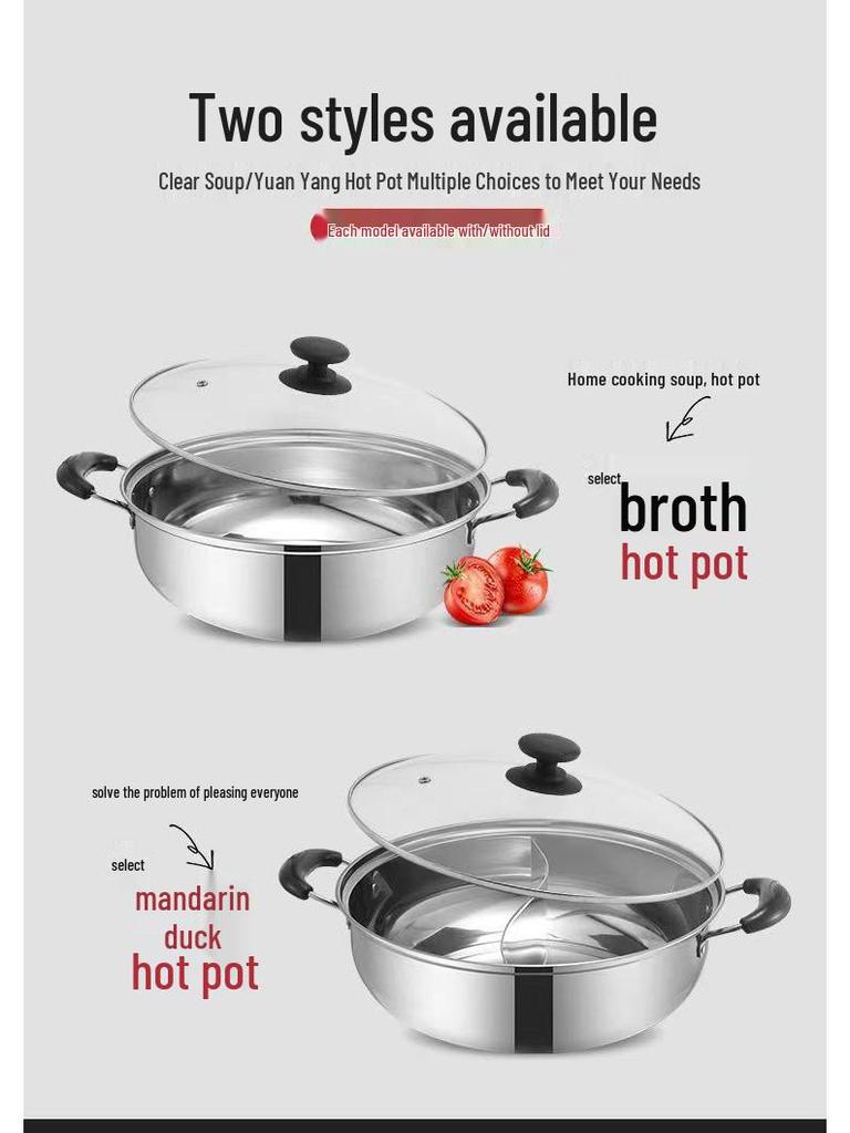 Yin-Yang Verdickter Edelstahl Hot Pot mit Deckel - Klare Suppe Shabu-Shabu Flachboden-Design, Kompatibel mit Gewerbeinduktionskochfeldern