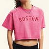 Red Letter Boston Print Washed T-Shirt Women Crewneck Retro T Shirts Fashion Crop Tees Tops Short Sleeve