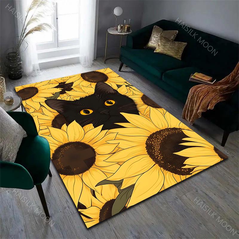 1PC Kitten Under Green Leaves Pattern Carpet for Living Room Bedroom Sofa Home Decor Non-slip Floor Mat Large Size Luxury Gift