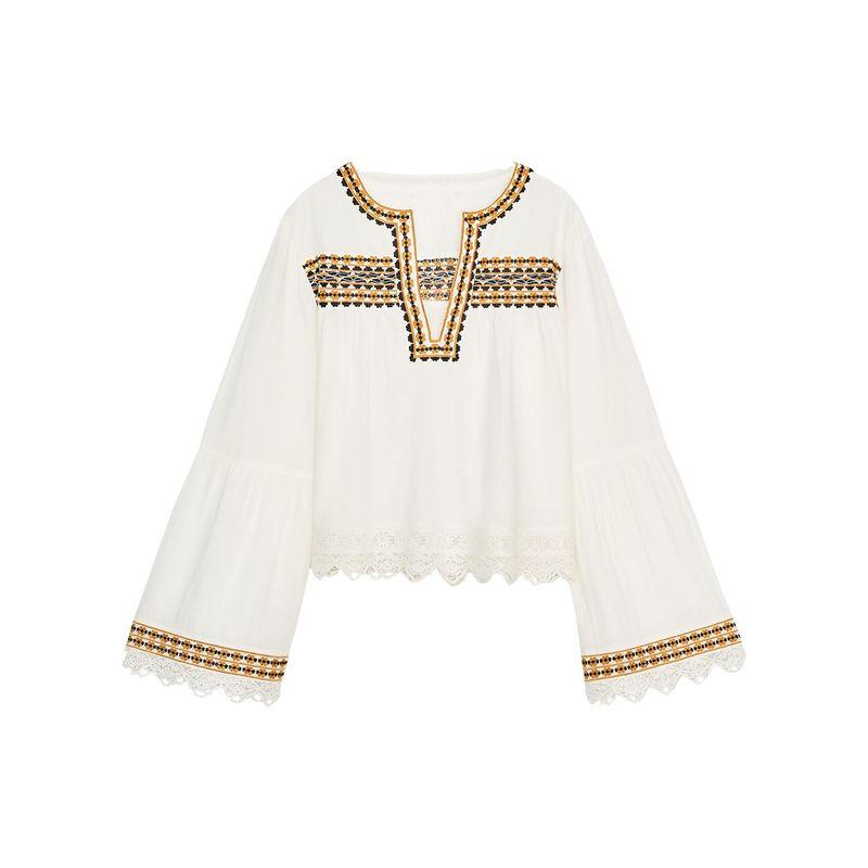 Zaprha 2025 Summer New Fashion Contrast Color Embroidery Design Horn Long Sleeve Round Neck Shirts 2903241