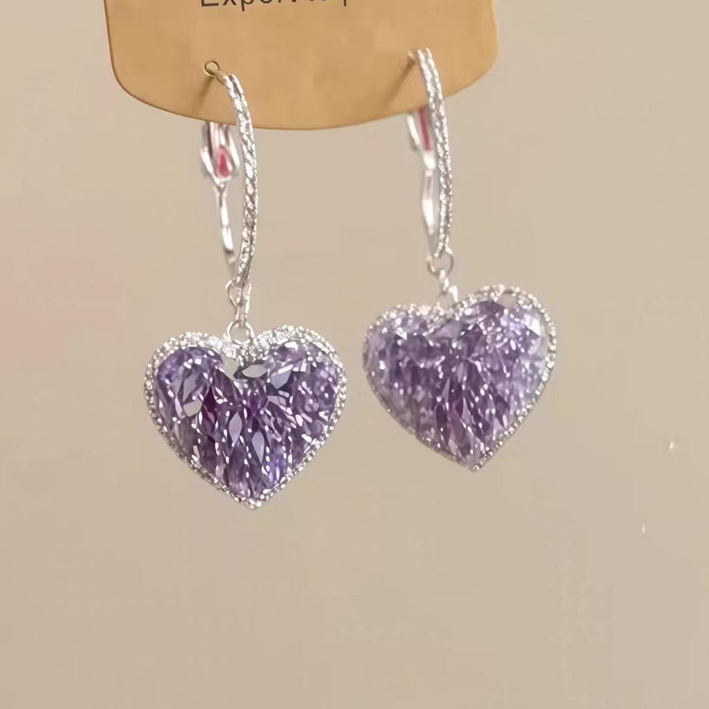 ins wind gentle purple super flash love pendant ear buckle niche fashion exquisite light luxury cold feeling earrings women