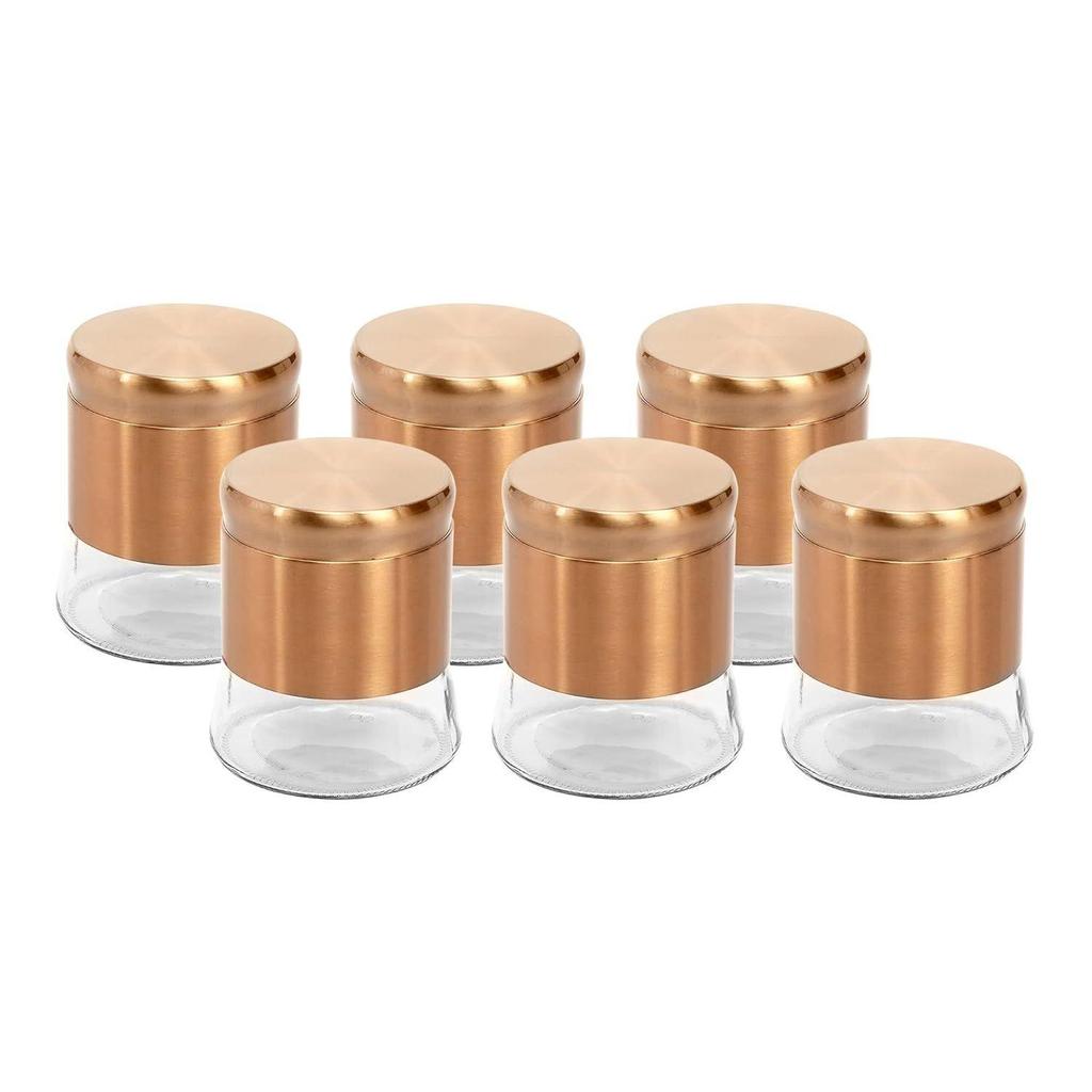 Rose Gold Finish - Bell Bottom Glass Jars for Sugar,Cereal, Spices, Pulses and Other Kitchen Storage 1250ml, Set of 6