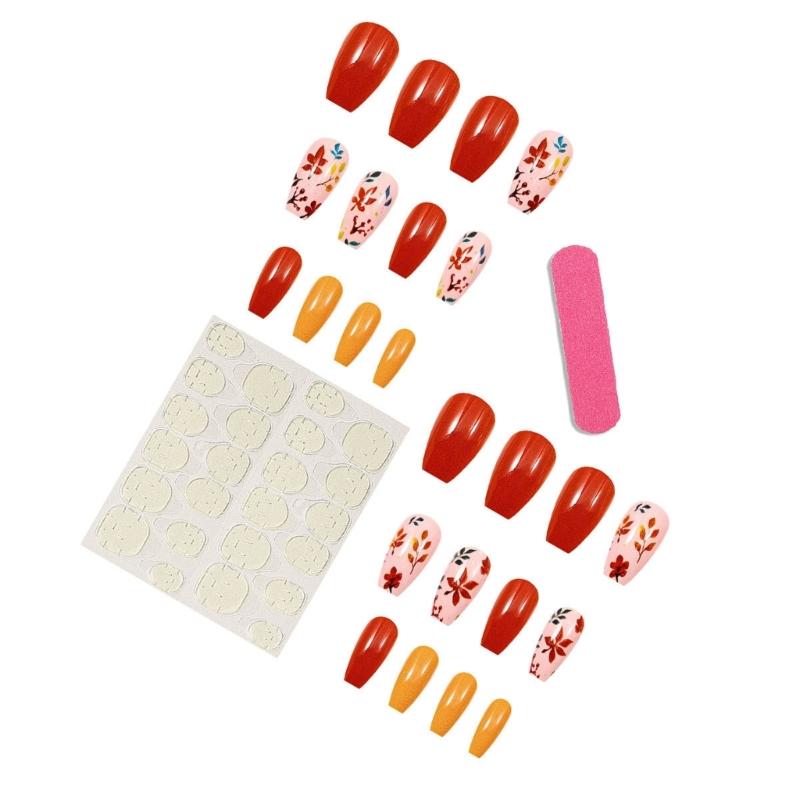 Autumn Winter Press On Nail 1 Set Glossy Ginger Leaves Design Easy Application Comfort Fit