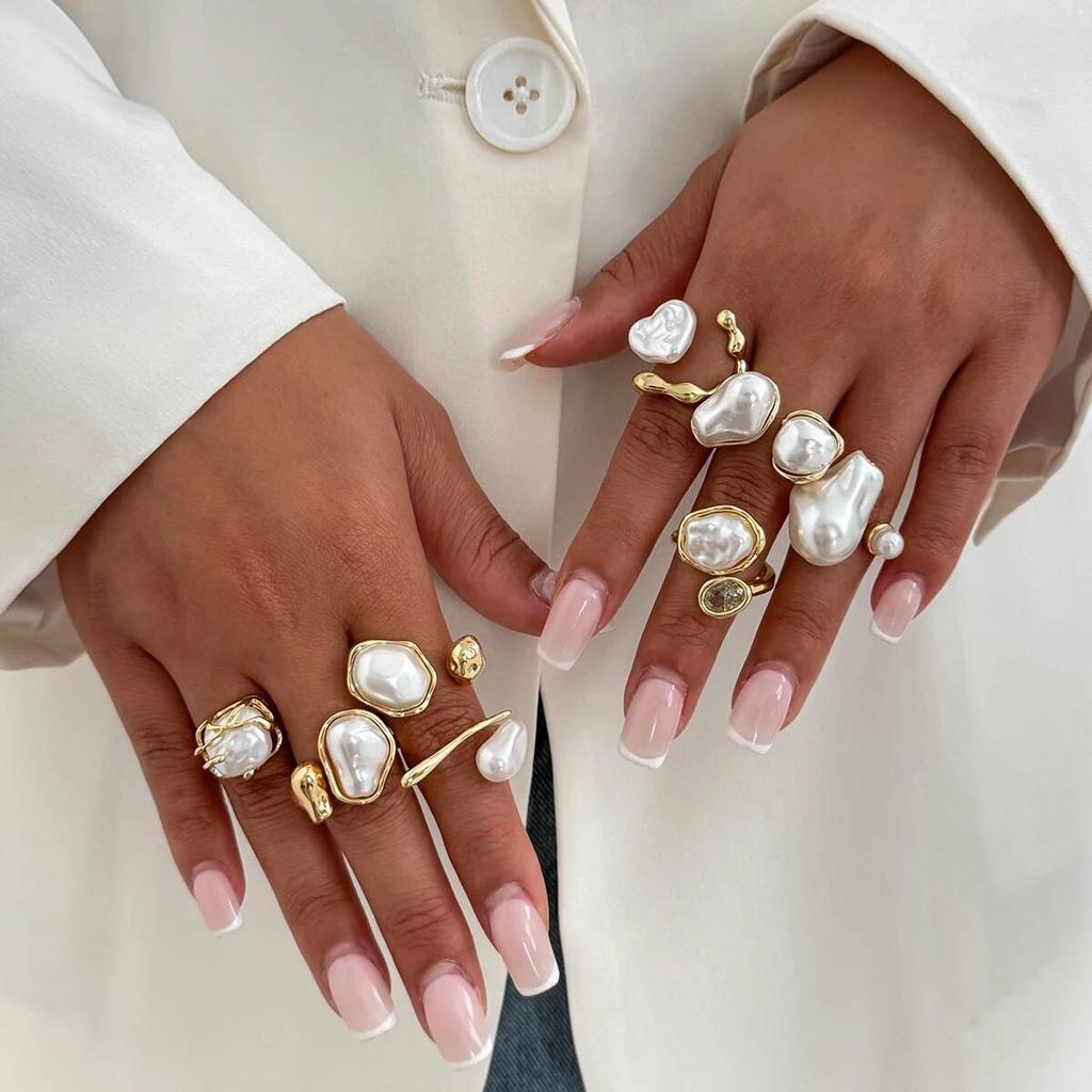 Salircon Vintage Exquisite Imitation Pearl Open Rings Women Trendy Irregular Geometric Adjustable Knuckle Joint Ring Y2K Jewelry