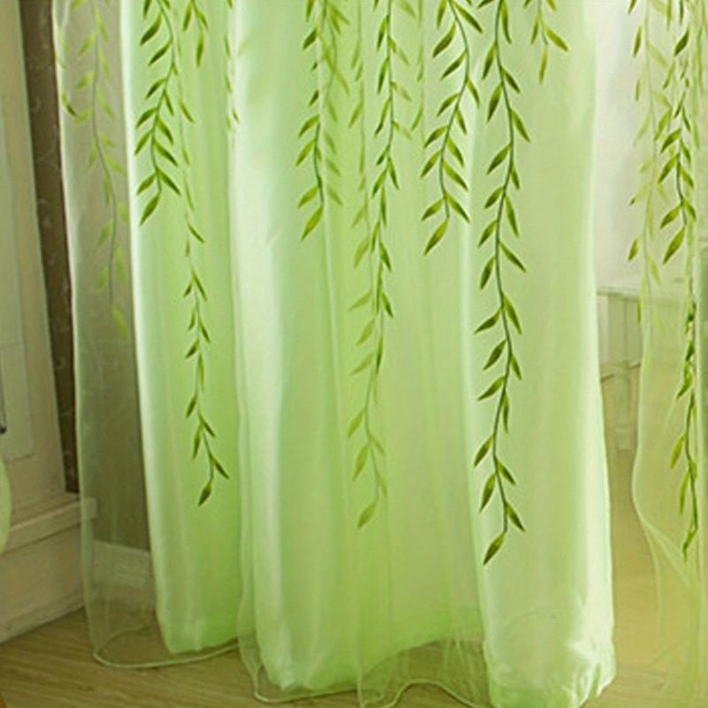 Hot Sale 2 Panels Green Willow Leaves Curtain Print Design Sheer Pattern Voile Panel Drape Room Window Curtains Home Textiles