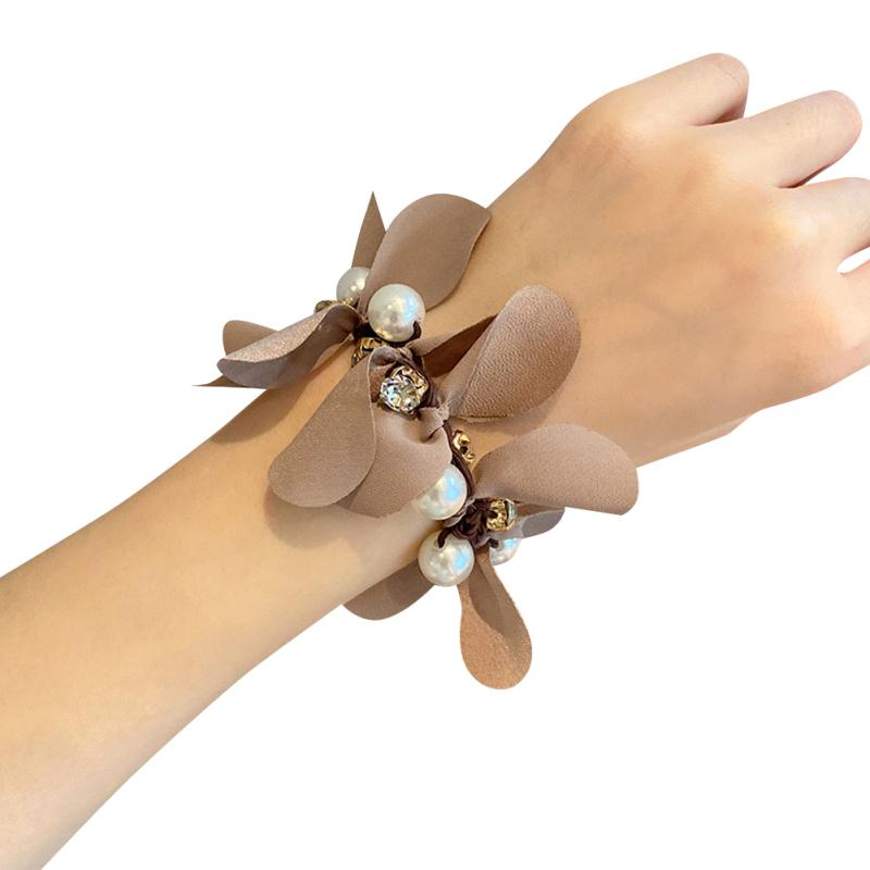 

Женская ткань, нежная веревка для волос, милая милая резинка для волос со стразами и жемчугом, лепестками 2#Coffee color