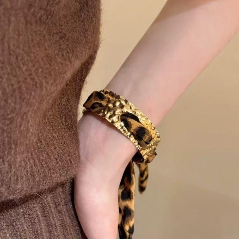 Retro Y2k Gold Color Geometric Liquid Metal Leopard Print Silk Scarf Winding Bracelet for Women Personality Hot Girls Jewelry
