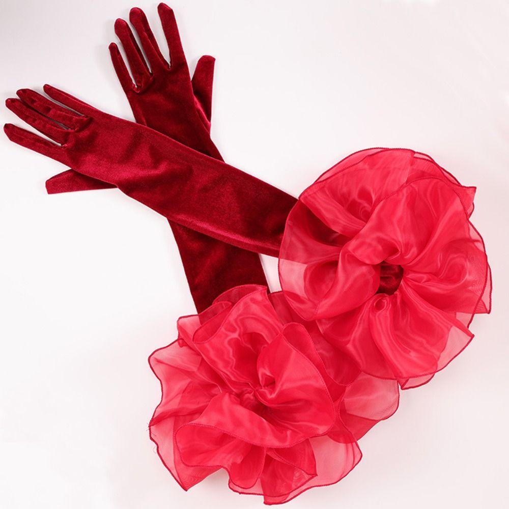 Organza Flower Long Gloves Elastic Wedding Bridal Gloves Retro Ruffles Velvet Mittens  Women