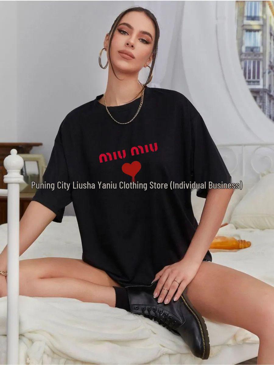 100% Cotton Short-Sleeve Stylish Heart Letter T-Shirt Large чёрный