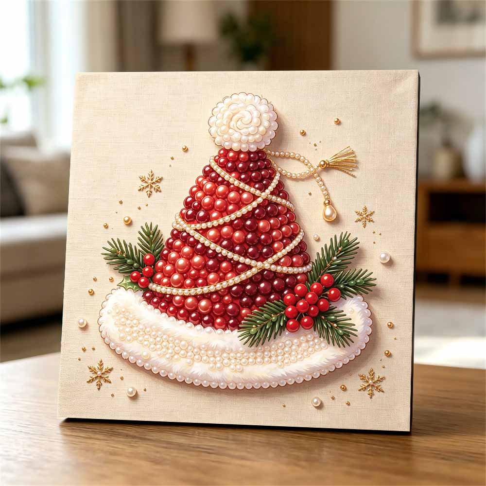 Premium Framed Pearl Art Kit with Christmas Santa Hat Pattern 5D Sparkling Bead Canvas DIY Relaxing Craft for Home Wall Decor Gift