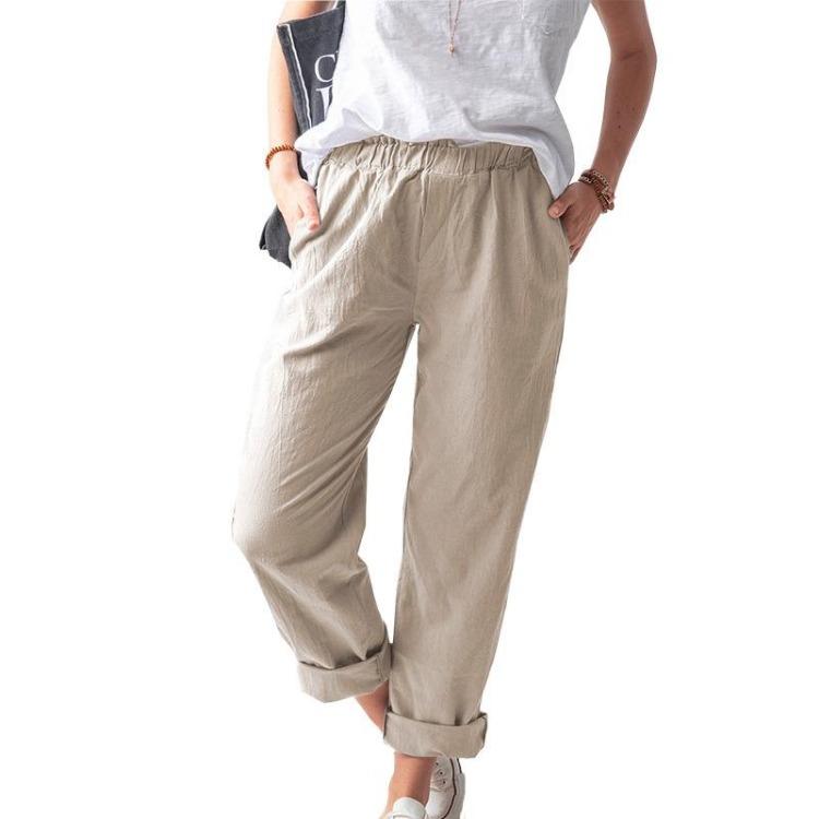 Summer Women Solid Color Casual Elastic High Waist Straight Pants