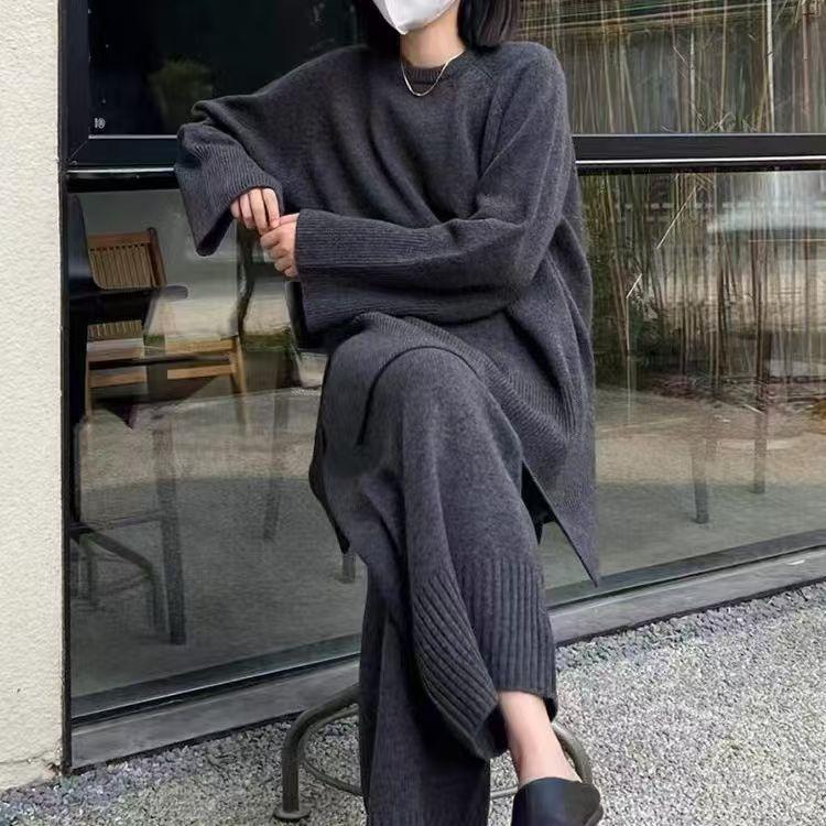 Damen Schlitzpullover & Weitbeinige Hose Set - Koreanischer Stil Lässig Zweiteiler für Herbst/Winter