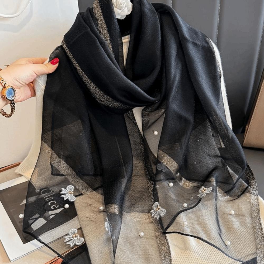 Lenço de Seda Fino com Laço Elegante Hijab Feminino Xales Lenço Bordado Fashion Primavera