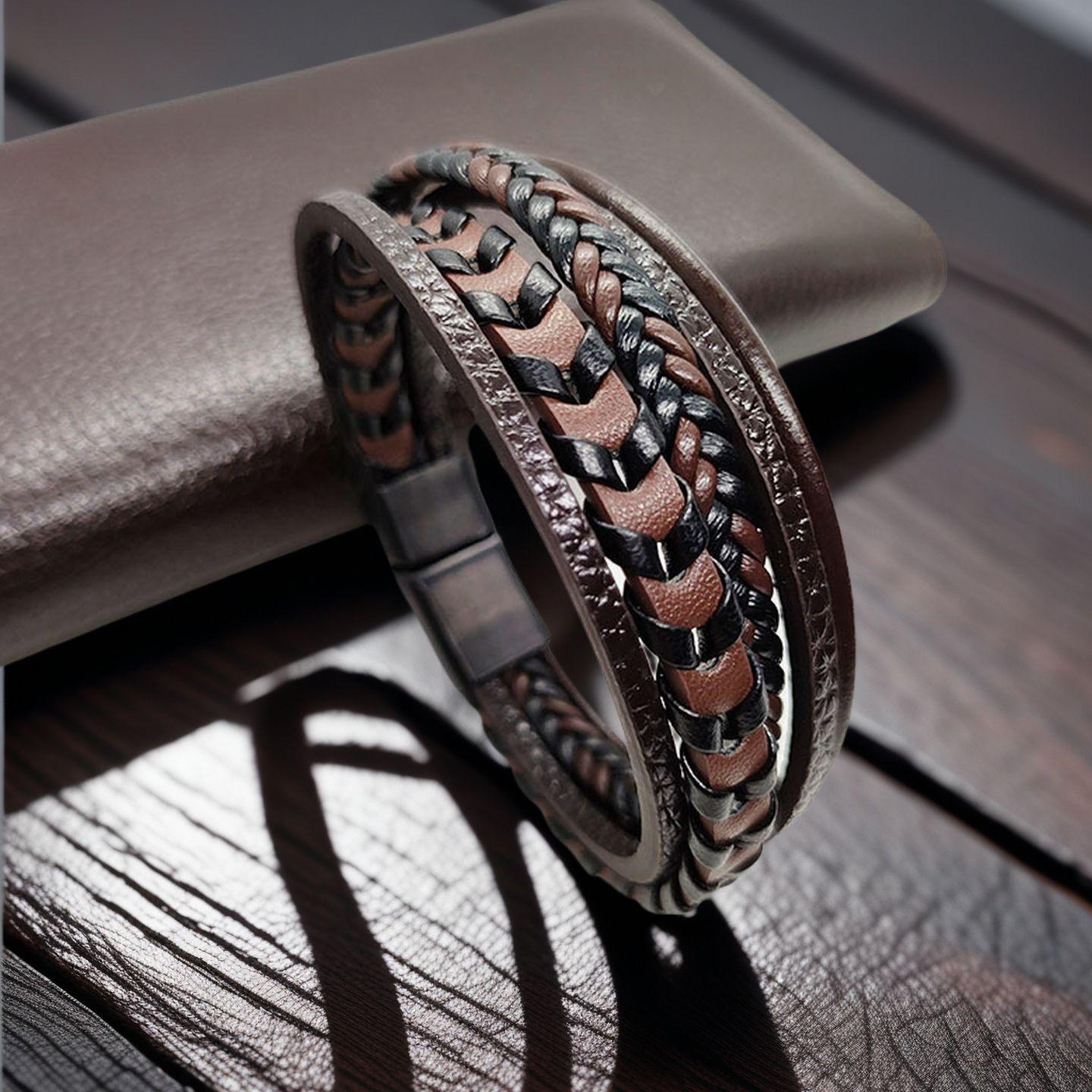 

Men s Vintage Multi-layer Leather Bracelet with Magnetic Buckle 9 inch коричневый