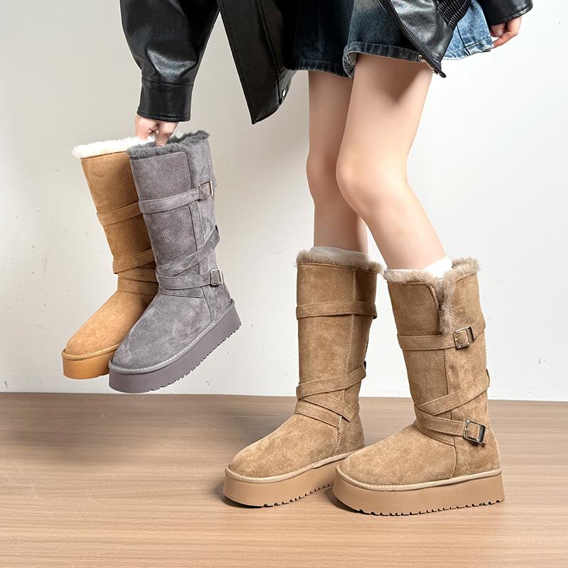 Damen Winterstiefel mit dicker Sohle, Fell, Steg für einen Fuß, leicht, warm, kälteabweisend, gepolstert, Schneestiefel, rutschfest, abriebfest, lässige Sneaker, lange Baumwollstiefel